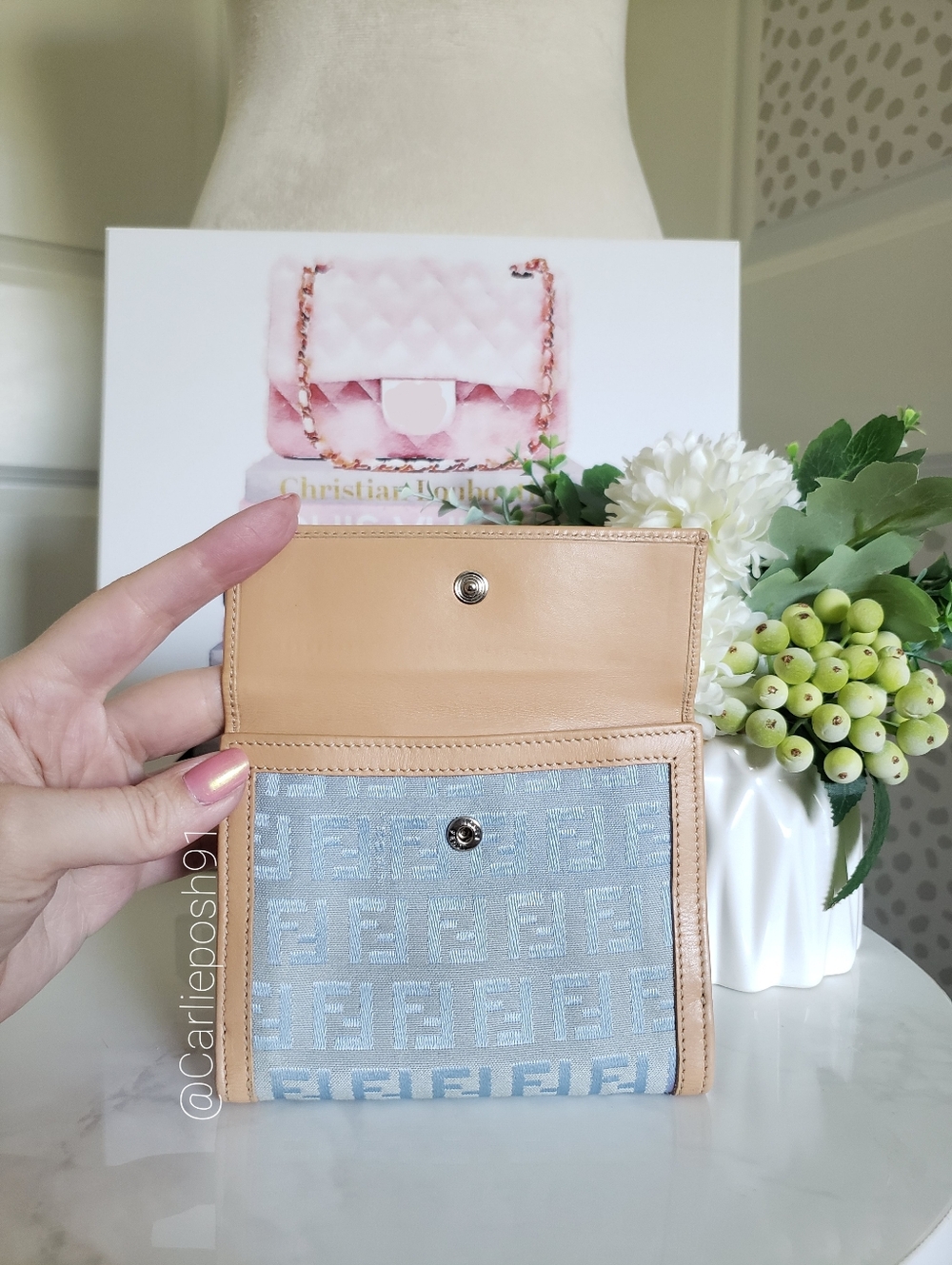 Authentic Pre-owned Fendi Zucchino FF Light Blue Compact Wallet - Picture 7 of 16